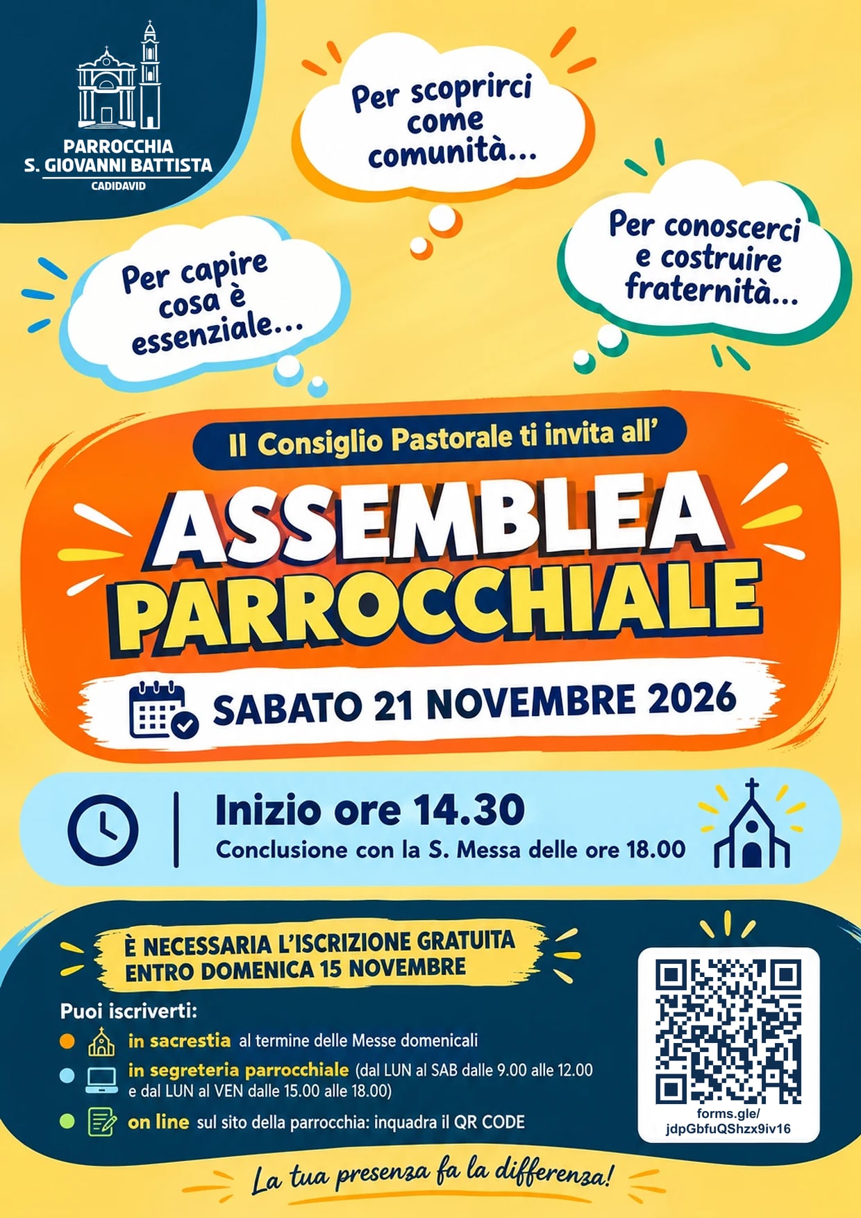 Locandina dell'Assemblea parrocchiale: sabato 21 novembre 2026, inizio ore 14.30, conclusione con la S. Messa delle ore 18.00. Iscrizione gratuita entro domenica 15 novembre.
